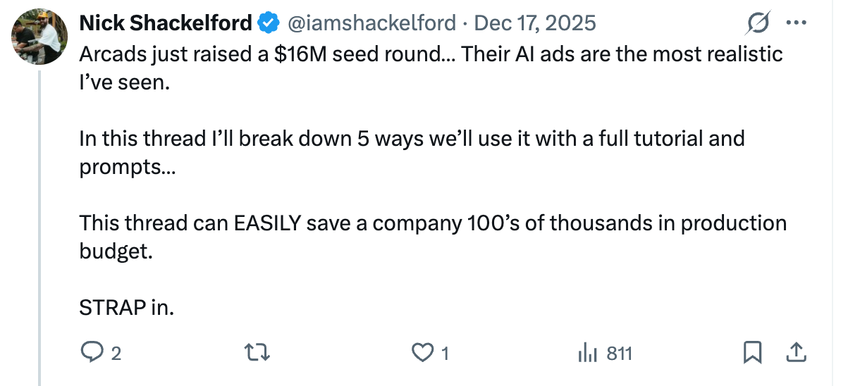 Nick Shackelford X thread on Arcads: breaking down how the BRĒZ team uses Arcads AI ads